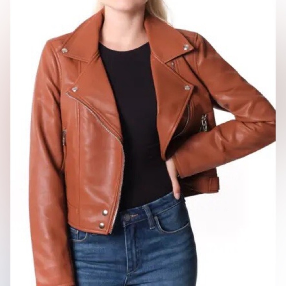 [BLANKNYC] Faux Leather Moto Jacket in Cognac Brown Size XL